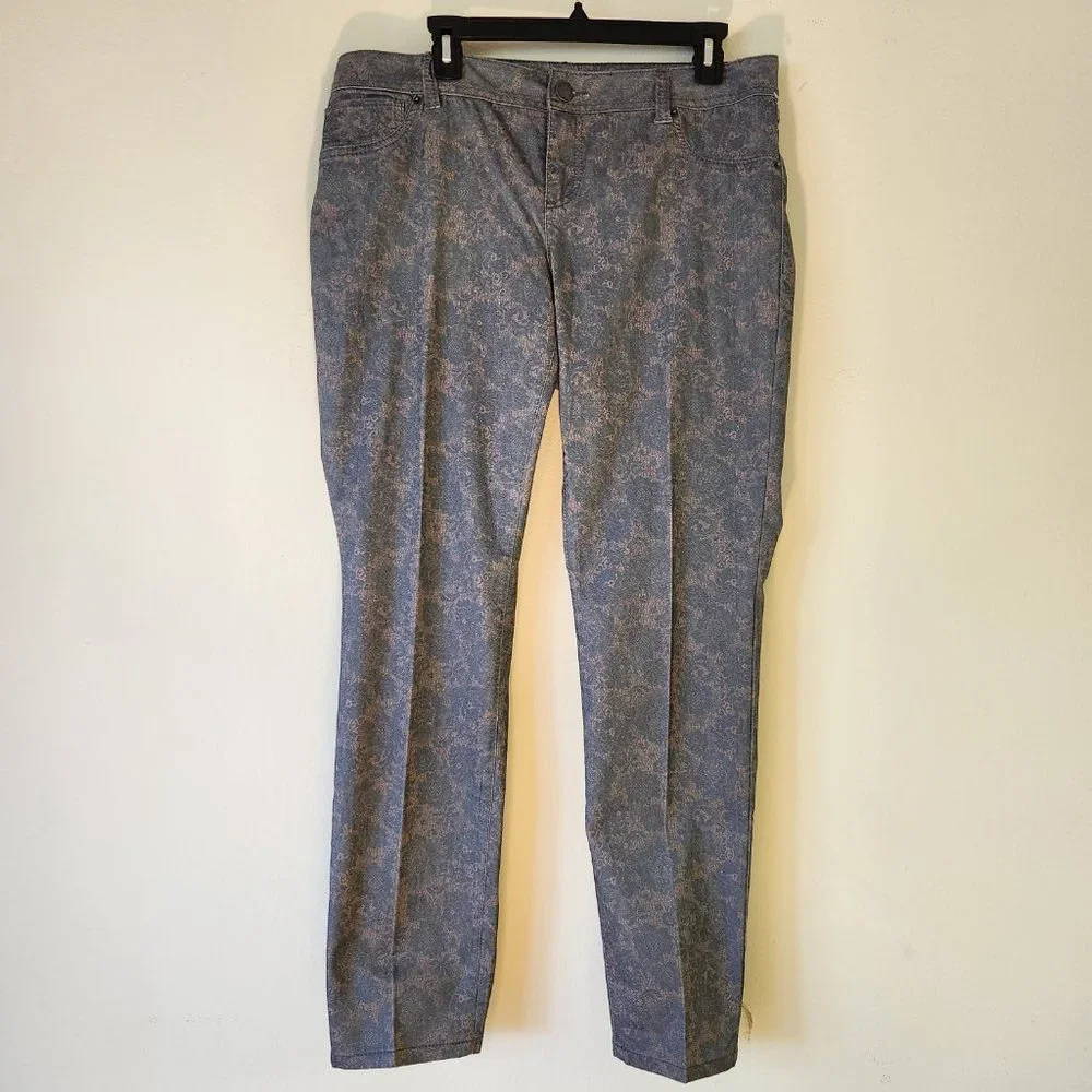 Ink Denim Bluegreen/Gold Brocade Paisley Floral Damask Stretch Pants Size 12